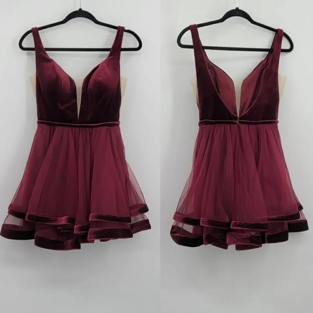 La Femme Mini Skater Dress 6‎ Wine Plunge Sweetheart Tiered Tulle Backless